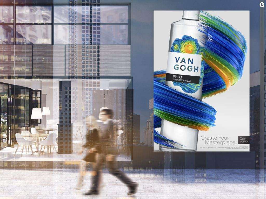 Van Gogh Vodka ad on an outdoor office plaza sign