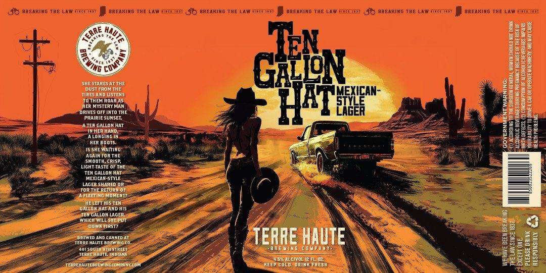 Ten Gallon Hat Mexican-style lager label redesign, a woman watching a truck drive off into a prairie sunset