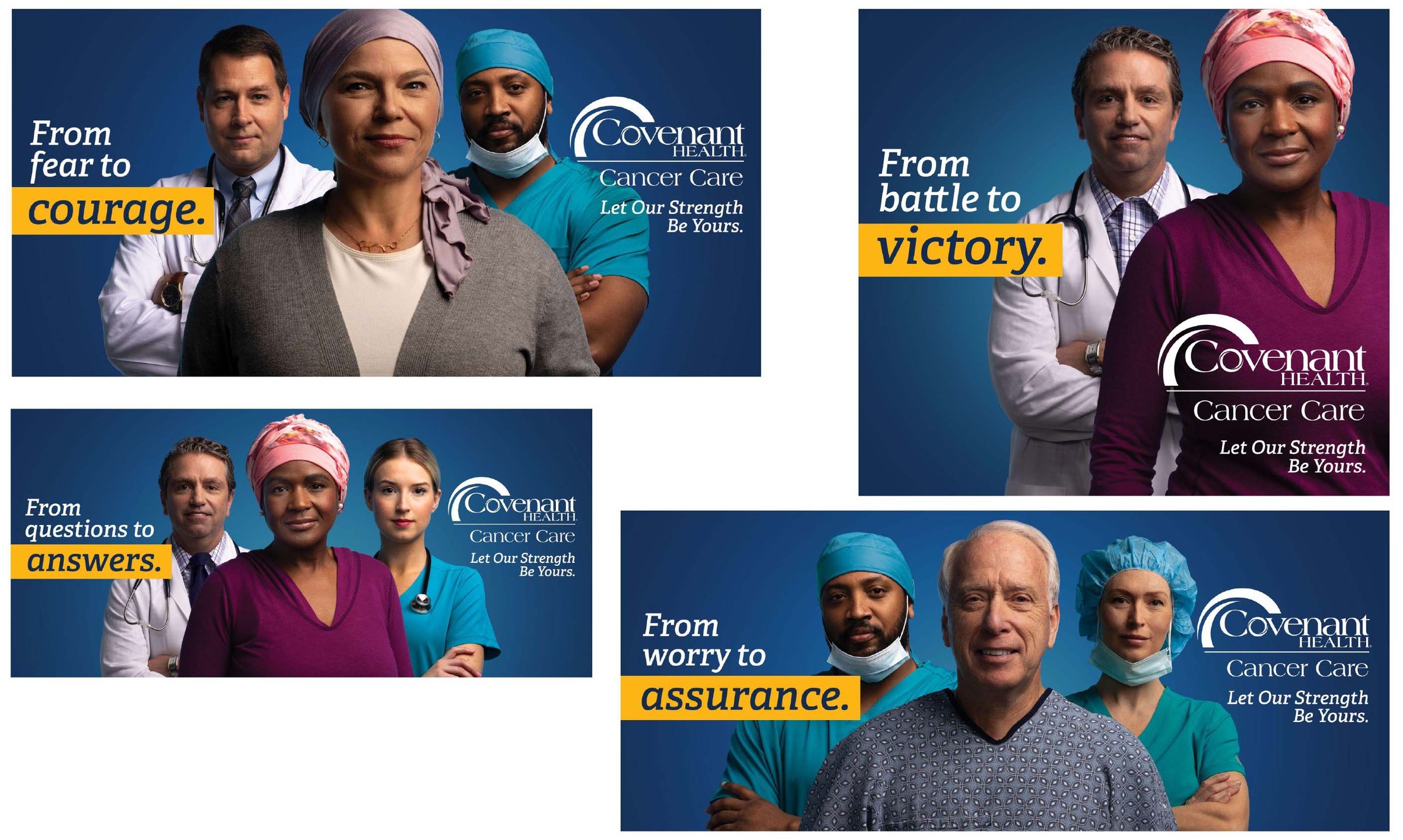 Covenant Health Oncology campaign out-of-home billboards, from fear to courage, from battle to victory, from worry to assurance