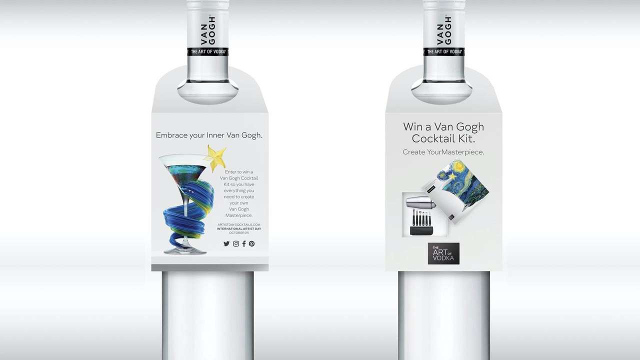 Van Gogh Vodka bottle hang tags, 'Embrace your Inner Van Gogh' and 'Win a Van Gogh Cocktail Kit'