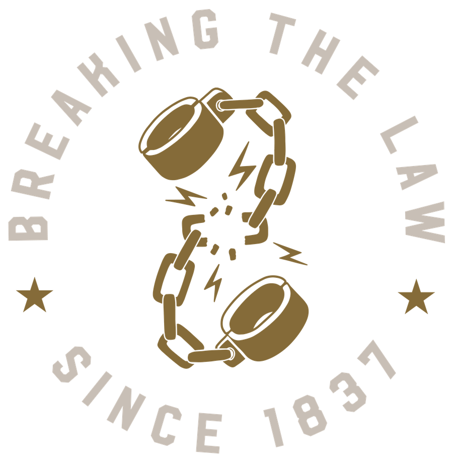 Breaking the Law Since 1837 badge, a pair of broken chained cuffs, THBC's outlaw brand mark