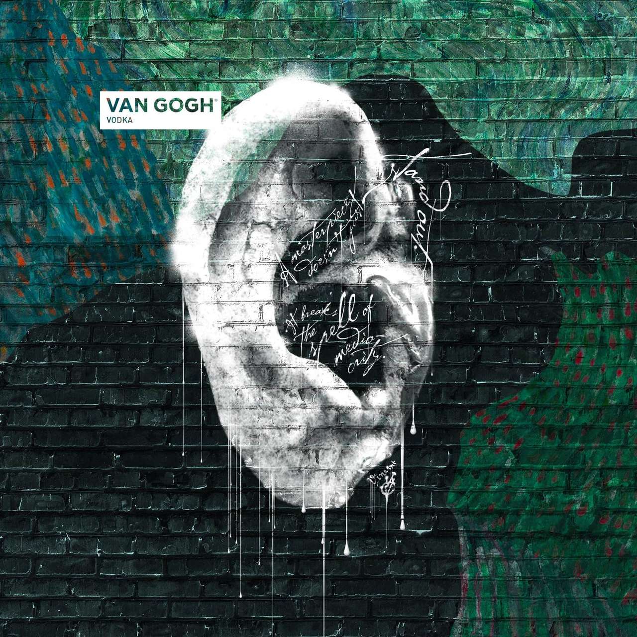 Custom illustrated artwork of Van Gogh's ear hand-painted on a living plant wall, part of the campaign