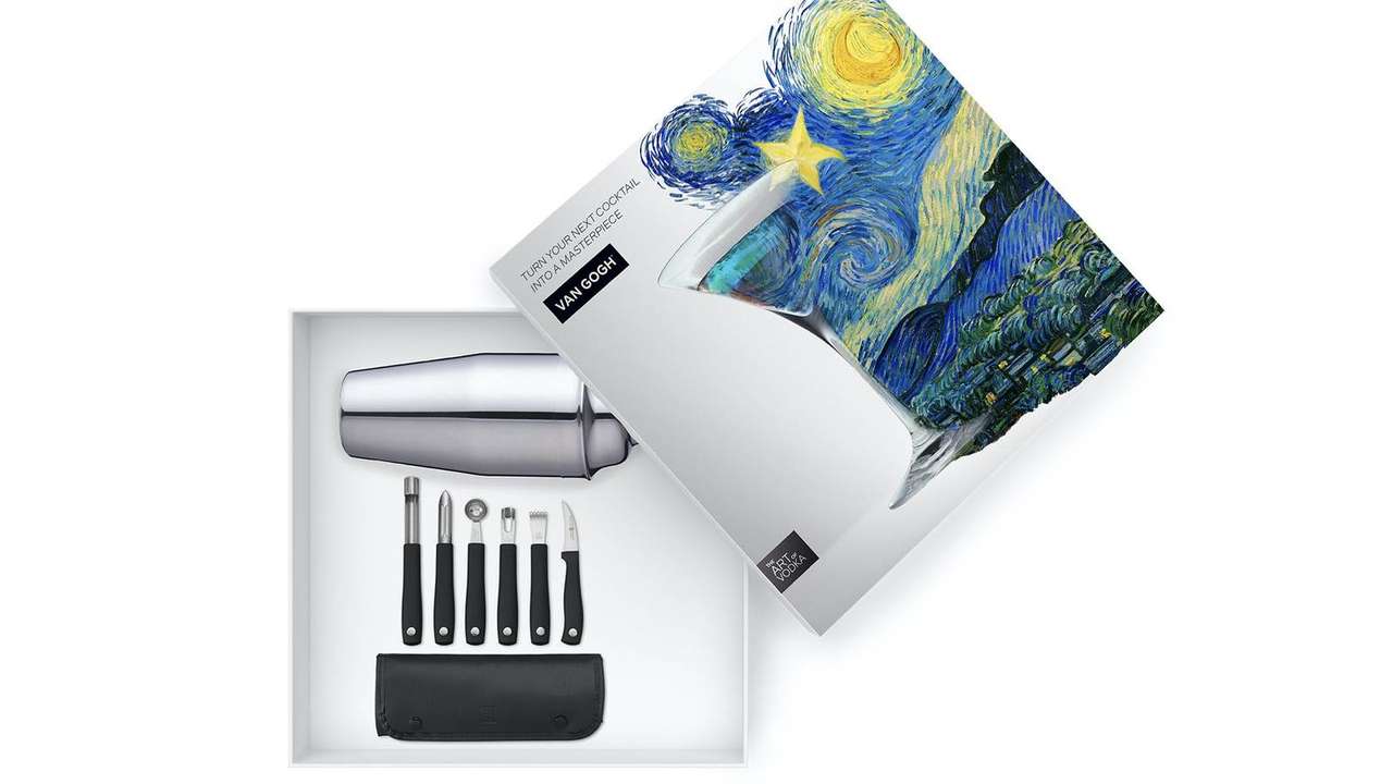 Van Gogh Cocktail Kit giveaway prize, a bar tool set and shaker packaged in a Starry Night-branded box