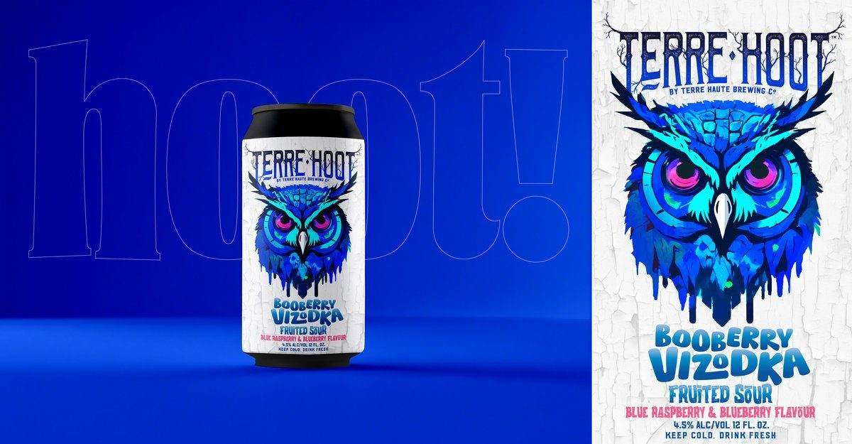 Booberry Vizodka can and poster displayed together in a retail cooler, hoot promotional shot