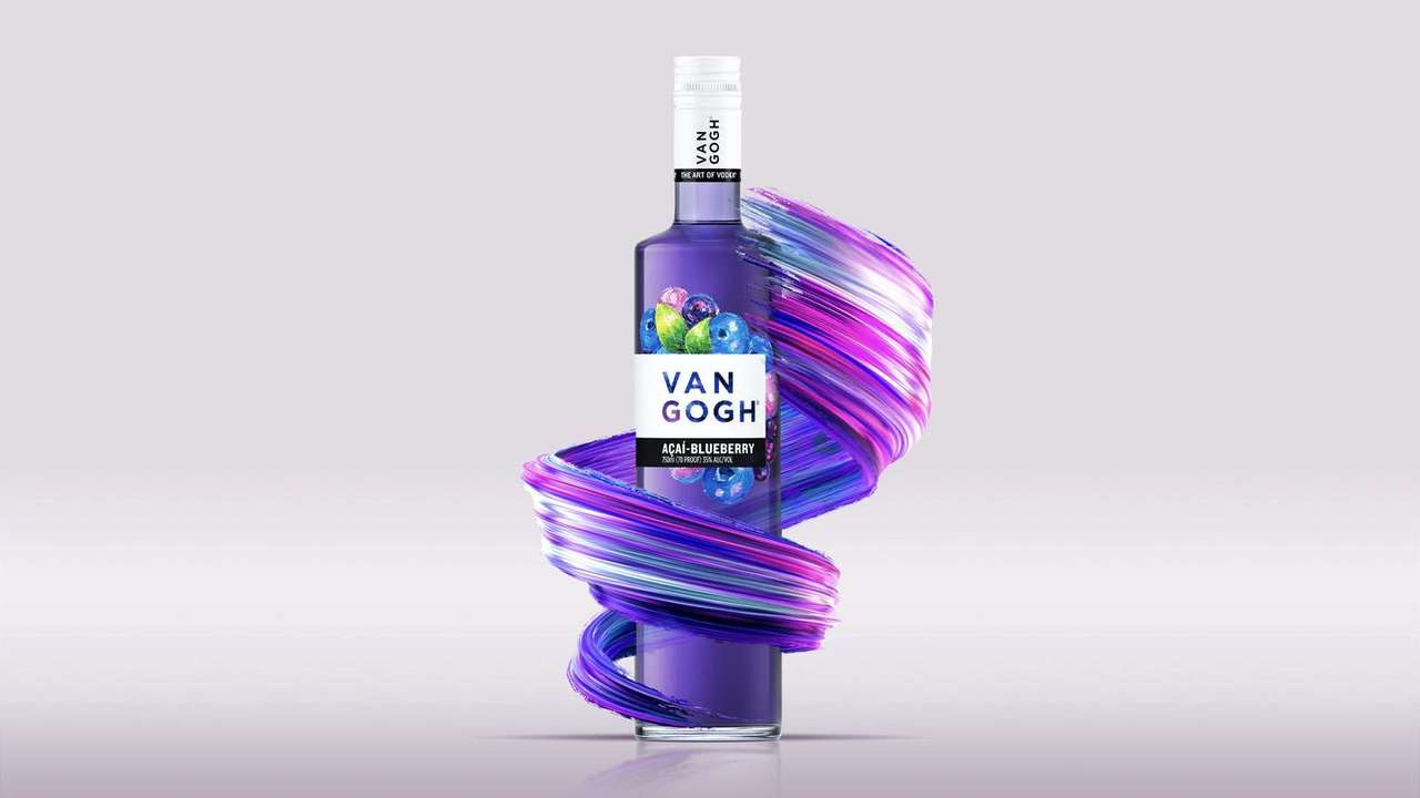 Van Gogh Acai-Blueberry Vodka bottle wrapped in a swirling purple and blue painted brushstroke
