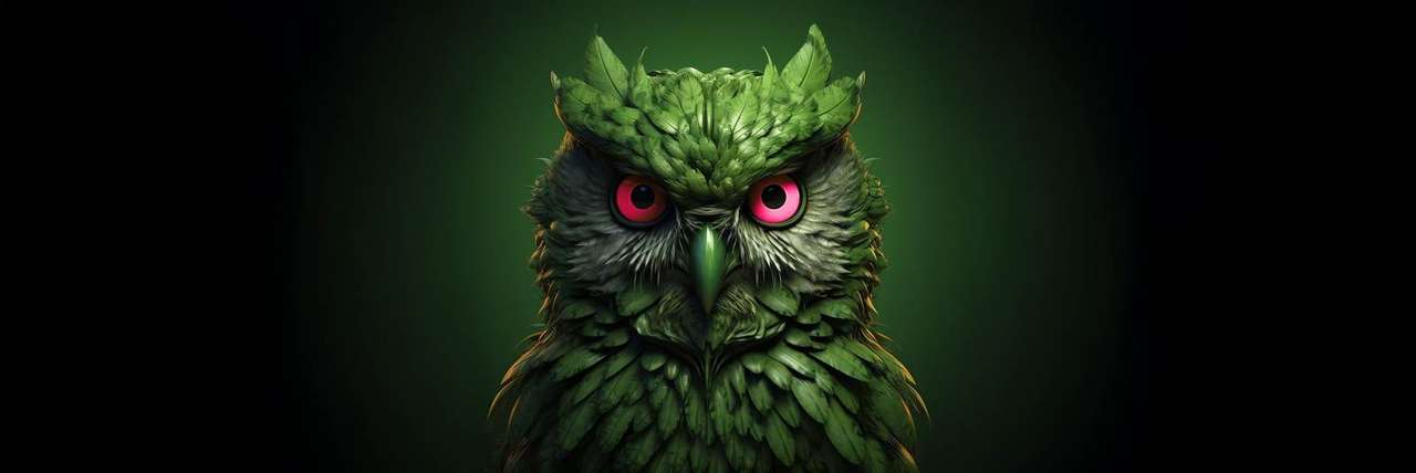 Owl Capone, the Terre Hoot brand mascot rendered in green feathers with pink eyes against a dark background