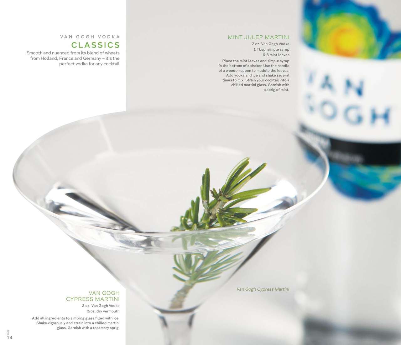 Van Gogh Vodka recipe book spread, Classics, featuring a Van Gogh Cypress Martini