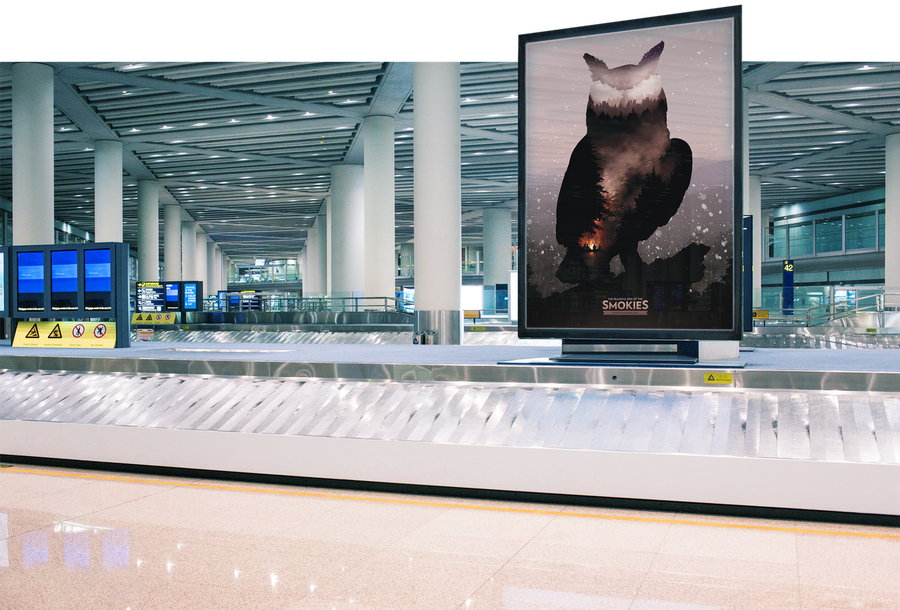 Peaceful Side of the Smokies owl key art at a baggage claim carousel
