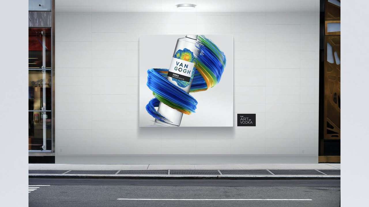 Van Gogh Vodka ad mounted on a storefront exterior wall