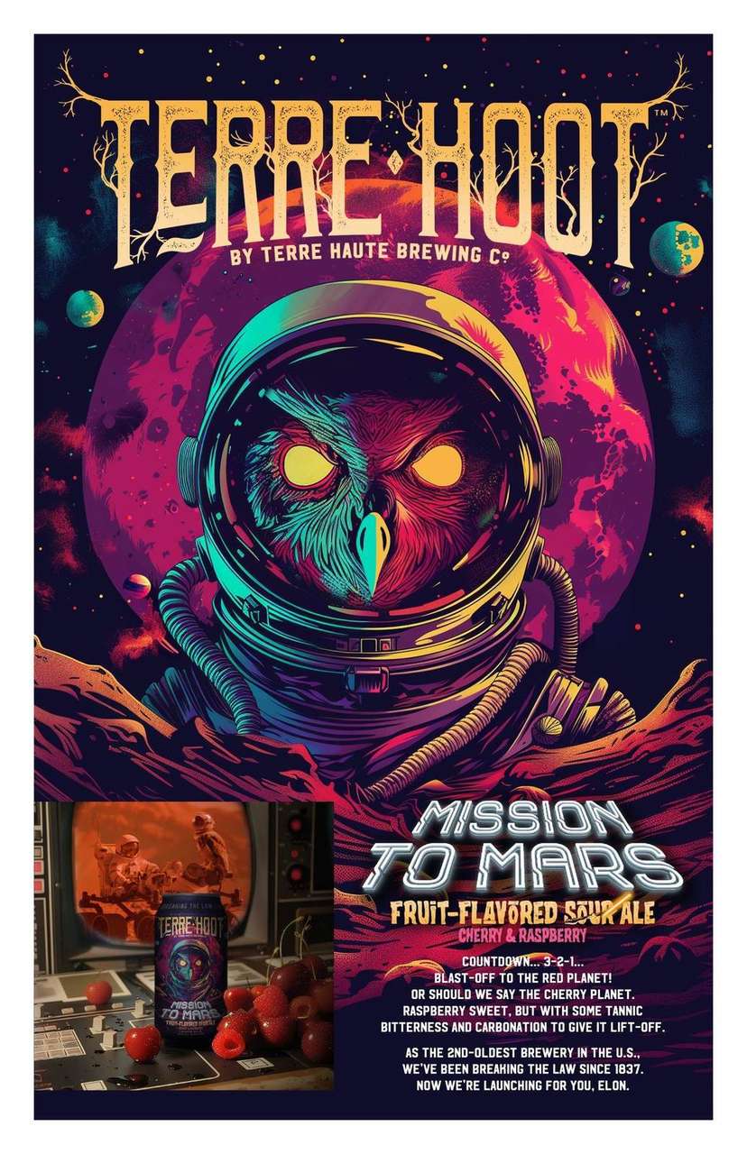 Mission to Mars poster, an owl in an astronaut helmet floating in front of a red planet, one of the four Terre Hoot fruited sour flavors