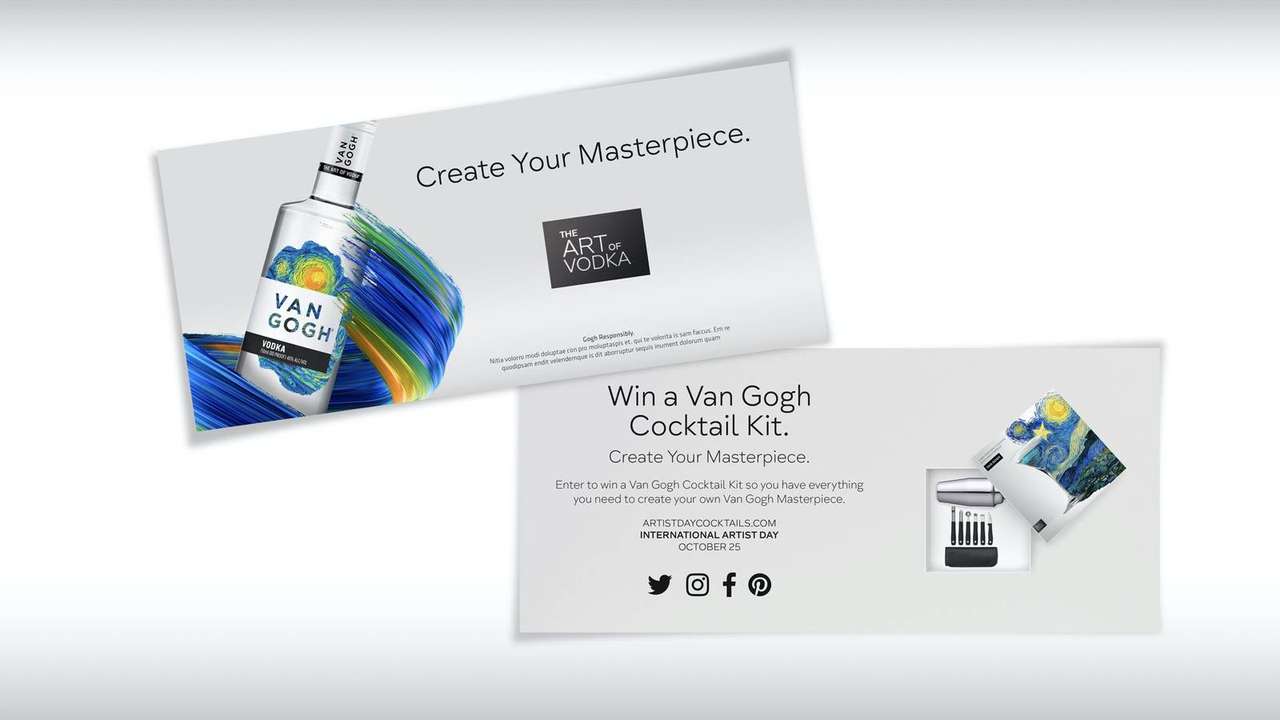 Van Gogh Vodka point-of-sale card reading 'Create Your Masterpiece' and a flyer for the Van Gogh Cocktail Kit giveaway
