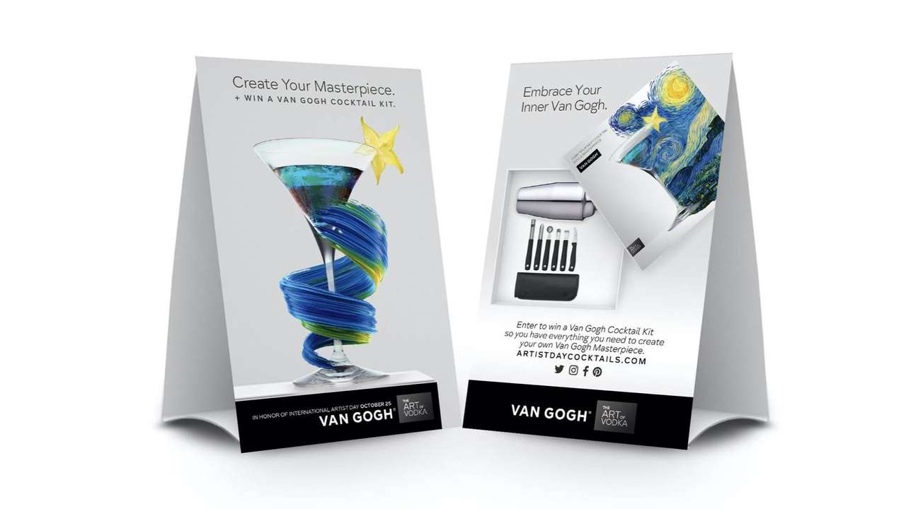 Van Gogh Vodka table tent display, 'Create Your Masterpiece' and 'Embrace Your Inner Van Gogh' cocktail kit giveaway