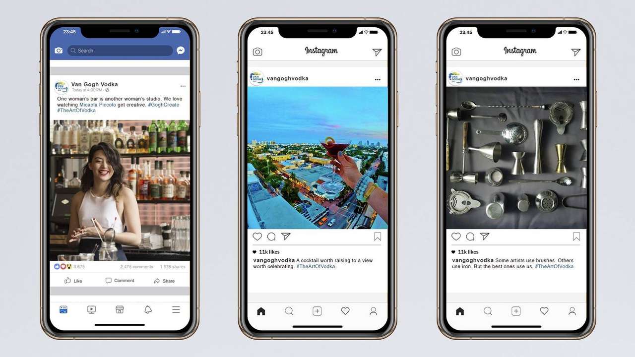 Van Gogh Vodka social media posts on Facebook, Instagram and Instagram featuring artisan bartenders creating cocktails