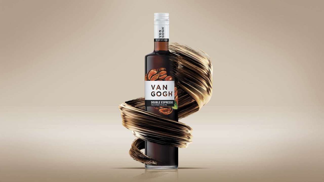Van Gogh Double Espresso Vodka bottle wrapped in a swirling coffee-toned painted brushstroke