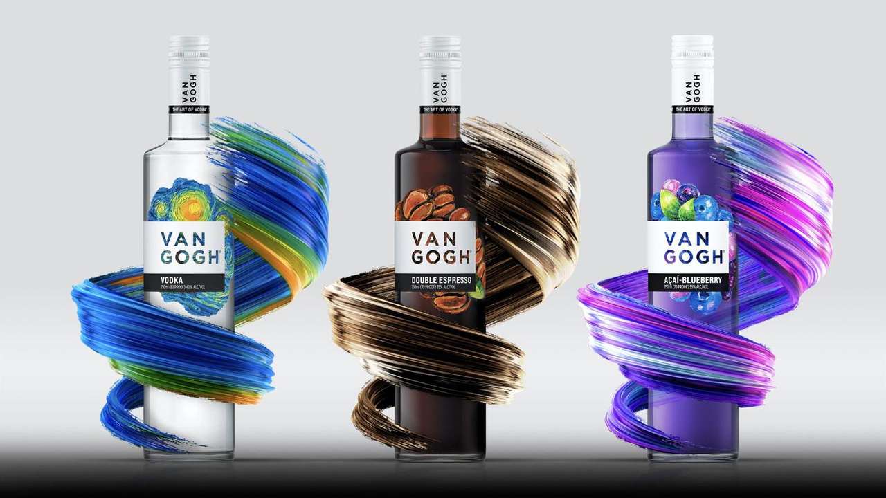 Three Van Gogh Vodka bottles, Vodka, Double Espresso and Acai-Blueberry, each wrapped in a swirling painted brushstroke