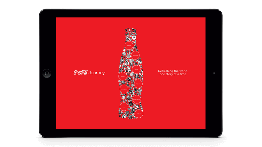 Animated walkthrough of the Coca-Cola Journey iPad experience cycling through its editorial home screen and video content