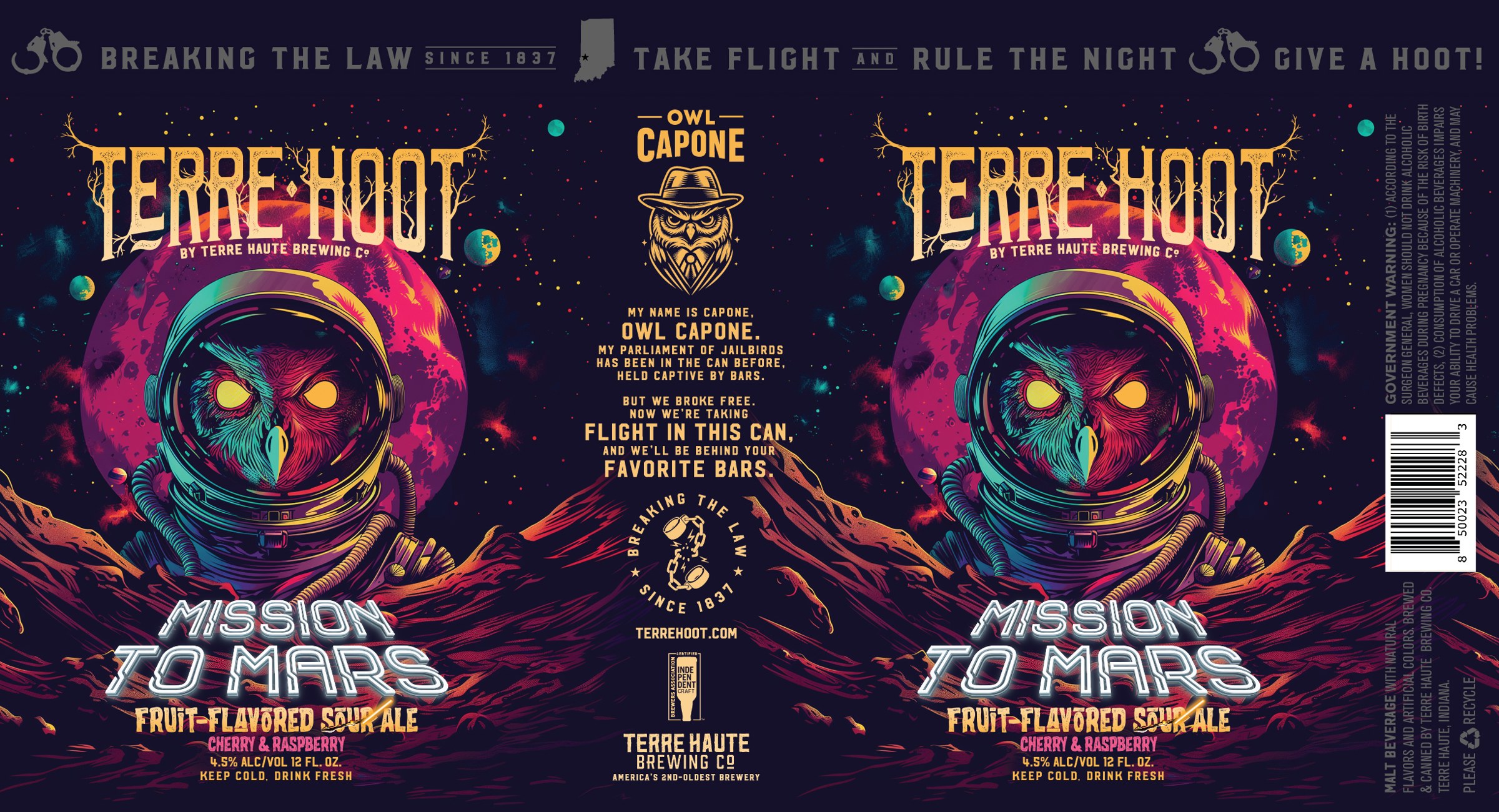 Mission to Mars full can label flat, showing the Terre Hoot artwork, Owl Capone story and Terre Haute Brewing Co. details