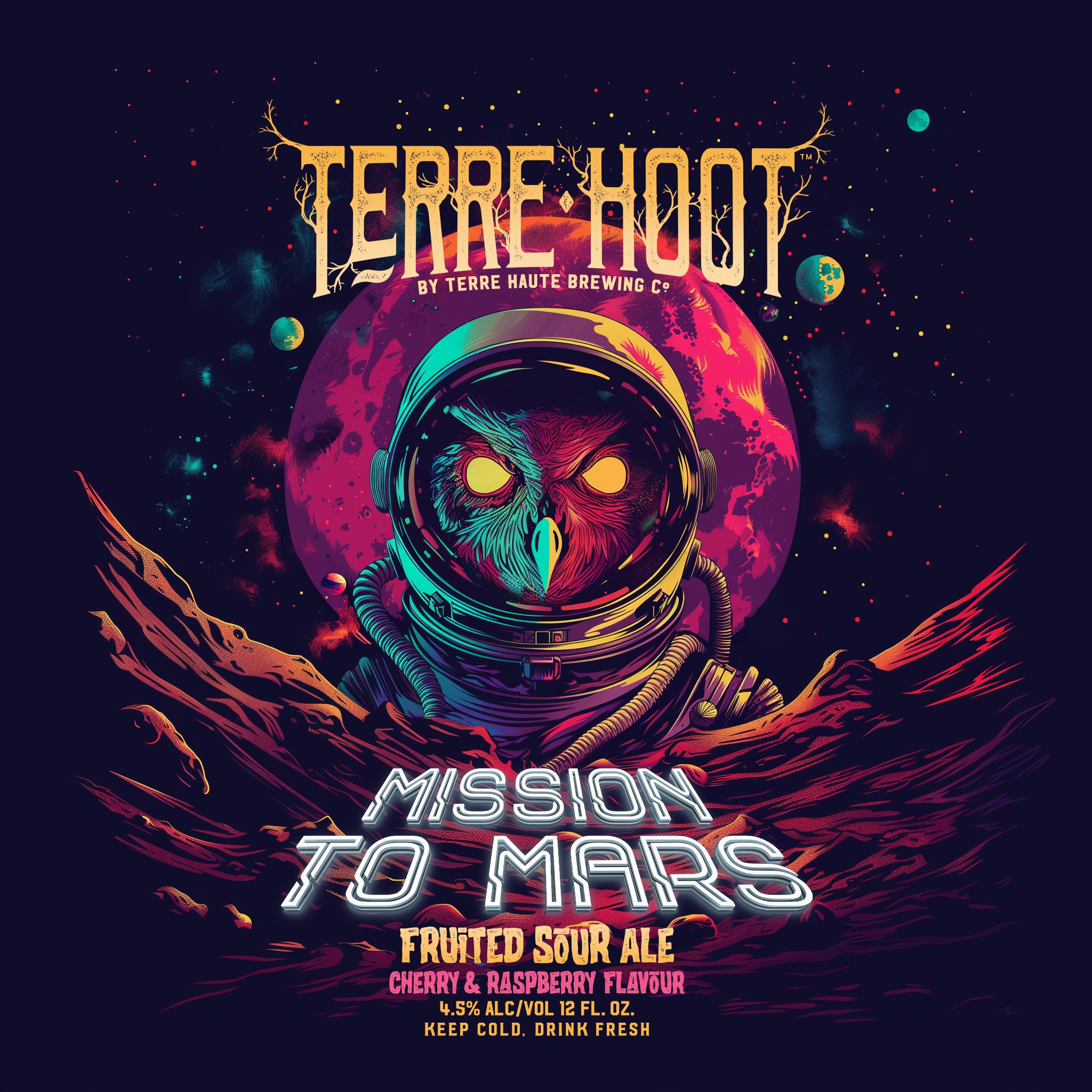 Mission to Mars, a Terre Hoot fruited sour ale label with an owl in an astronaut helmet in front of a red planet